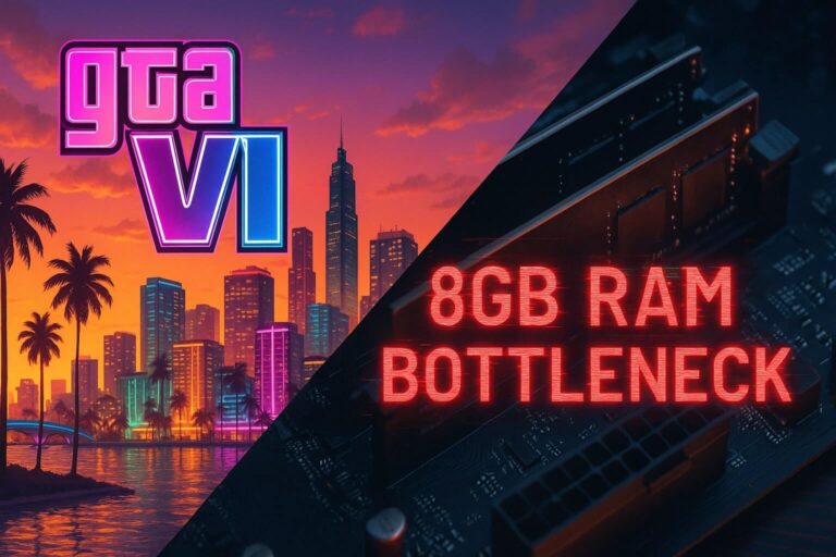 Split image showing GTA 6 Vice City skyline versus a PC motherboard indicating an 8GB RAM bottleneck.