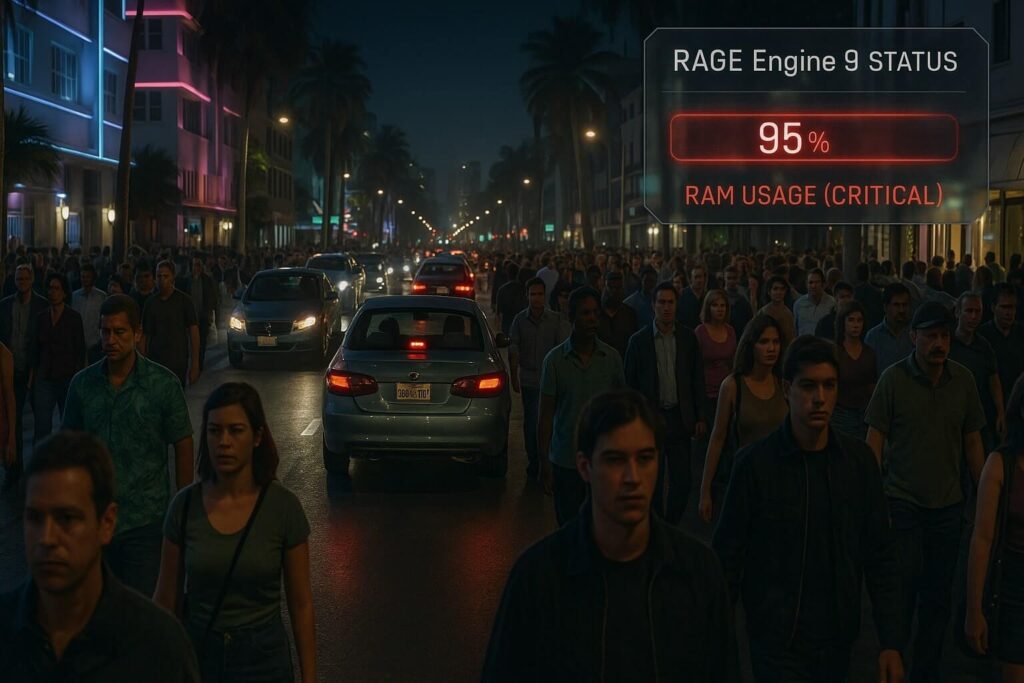 In-game screenshot of Vice City at night with a UI overlay showing RAGE Engine 9 using over 90% system RAM.