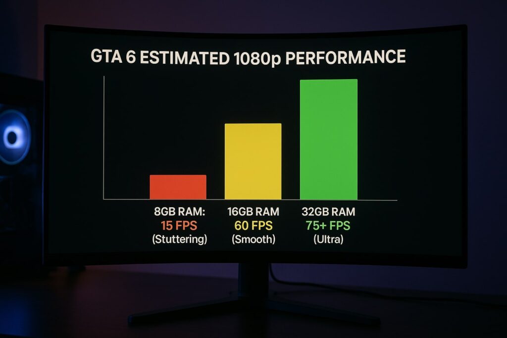 Gaming monitor displaying a bar chart comparing estimated GTA 6 FPS performance between 8GB, 16GB, and 32GB RAM.