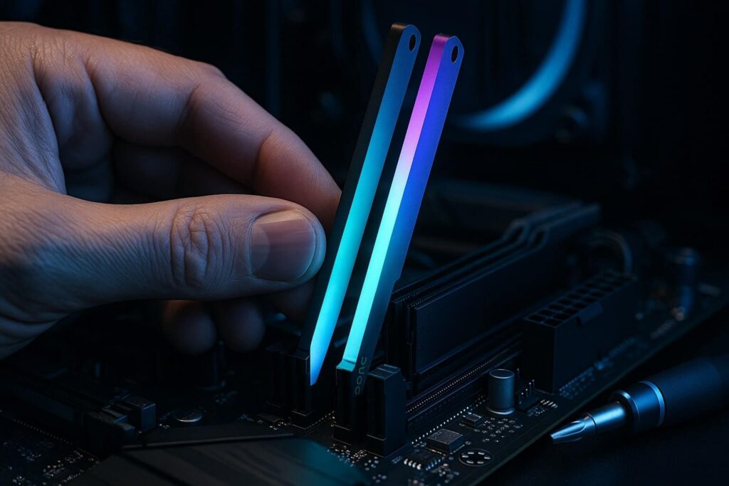 Close-up view of installing RGB DDR5 RAM sticks into a gaming PC motherboard to upgrade for GTA 6.