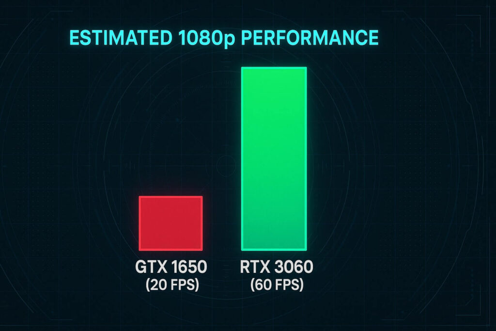 FPS Prediction graph showing GTX 1650 failing to hit 30fps in GTA 6 compared to RTX 3060.