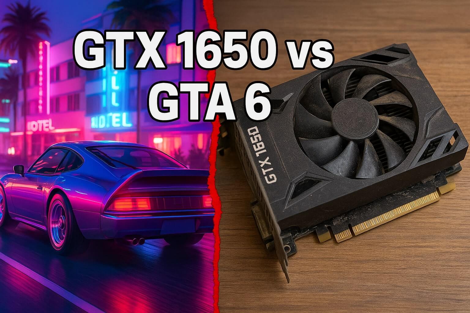 Split image comparing GTA 6 graphics vs the older GTX 1650 GPU.