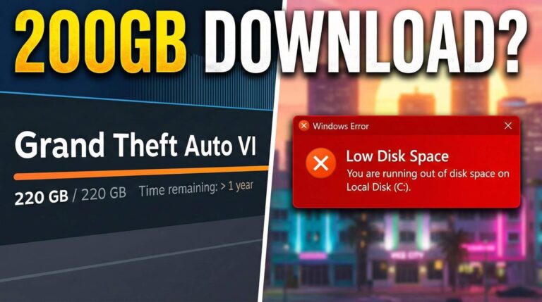 Steam download screen showing massive GTA 6 PC size and disk full warning