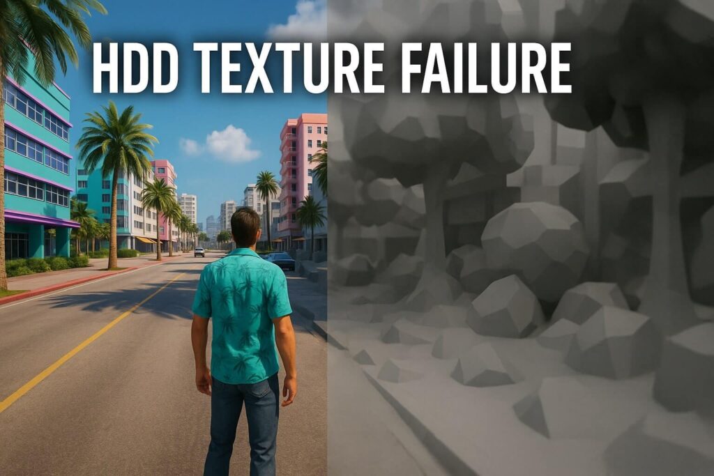 Simulation of texture pop-in and blurry graphics in GTA 6 when using a hard drive.
