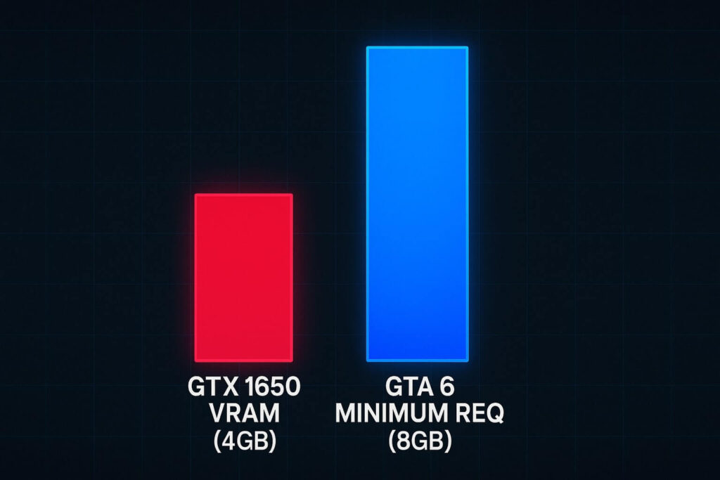 Chart showing the massive VRAM gap between GTX 1650 4GB and GTA 6 requirements.
