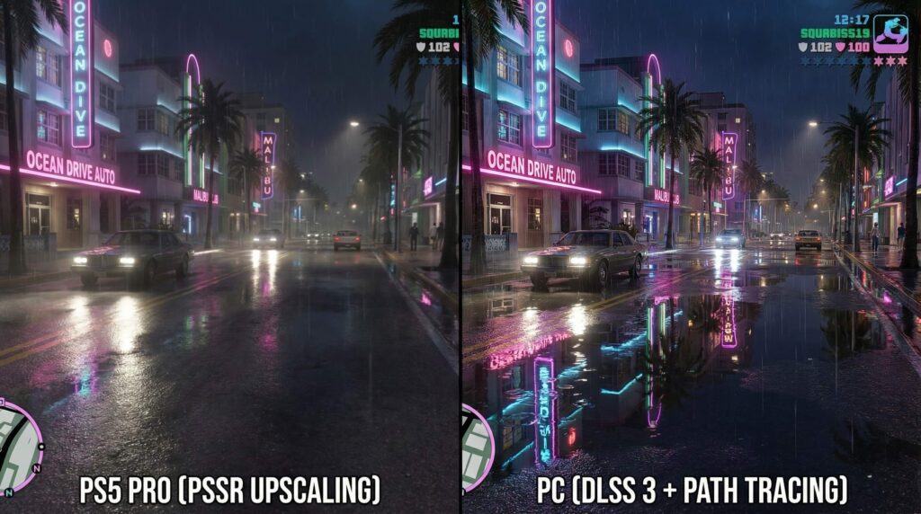 Visual comparison of PS5 Pro PSSR upscaling versus PC DLSS 3 and Path Tracing graphics in GTA 6.