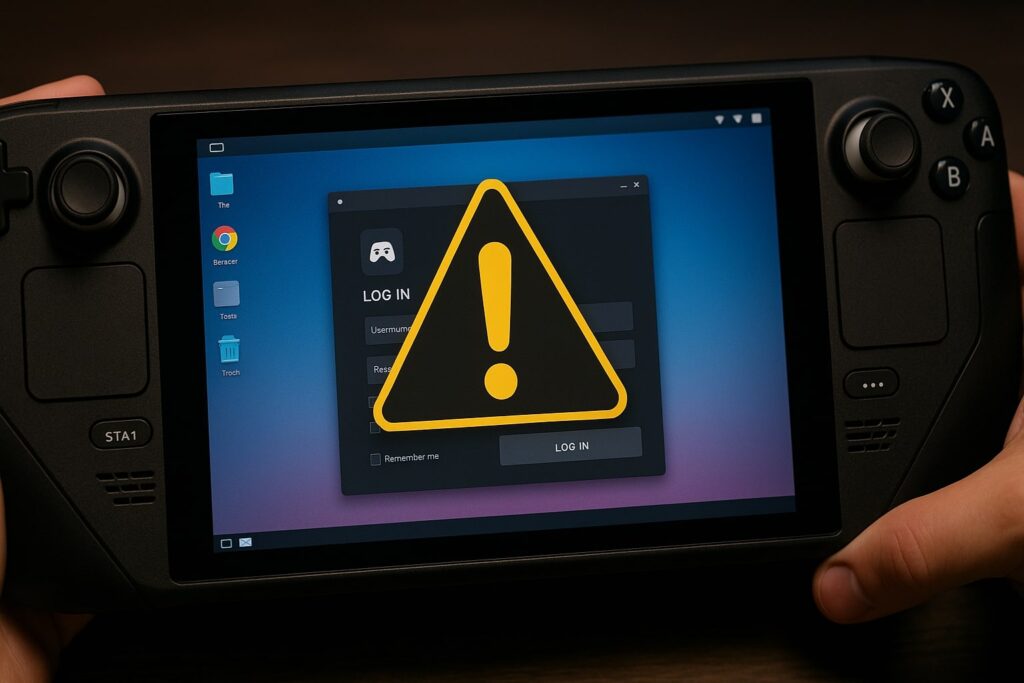 Steam Deck screen showing a warning icon over the Rockstar Games Launcher, illustrating Proton compatibility issues.