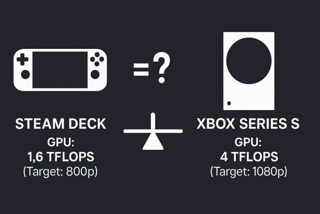 Infographic chart comparing Steam Deck TFLOPS at 800p versus Xbox Series S TFLOPS at 1080p for GTA 6.