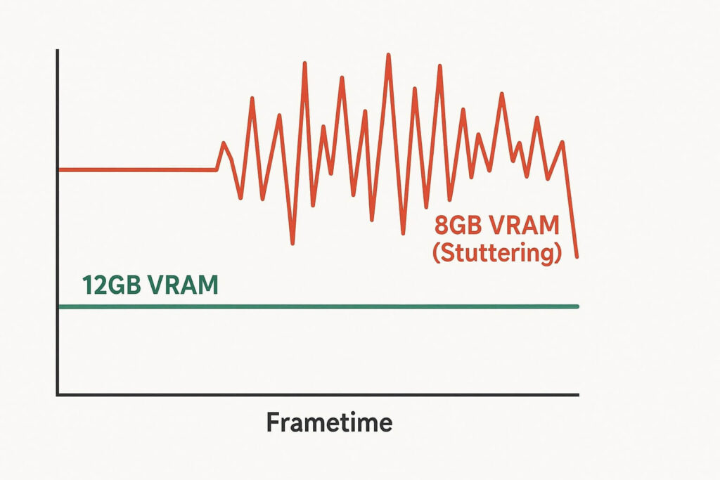 Frametime graph showing stuttering issues on 8GB VRAM cards vs smooth 12GB cards.