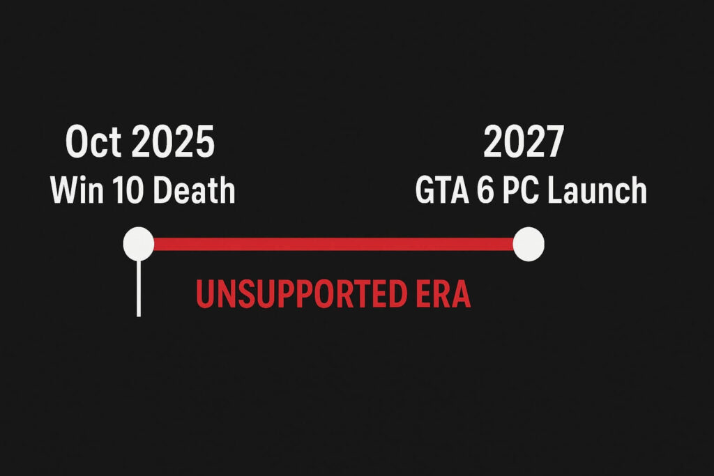 Timeline showing Windows 10 support ending before GTA 6 PC release.