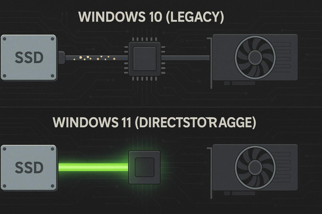 Diagram explaining how Windows 11 DirectStorage bypasses the CPU for faster gaming.