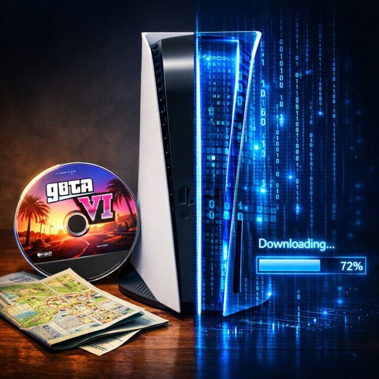 PS5 Disc vs Digital GTA 6 comparison showing a physical game disc next to a digital download bar.