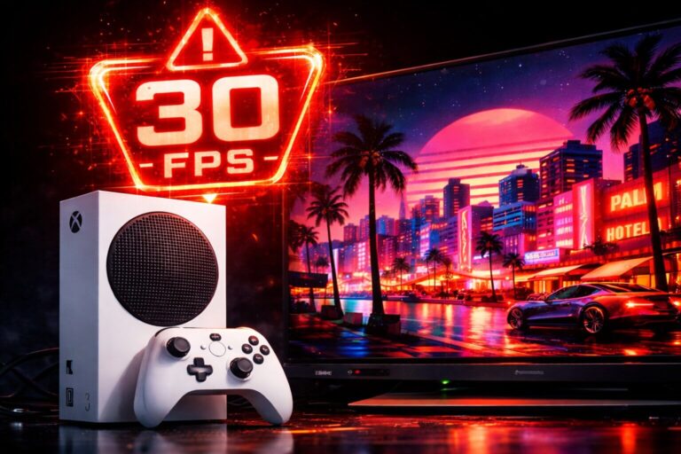An Xbox Series S console struggling with GTA 6 Xbox Series S 30fps performance warnings