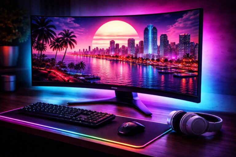 A premium Alienware ultrawide setup showcasing the best monitor for GTA 6