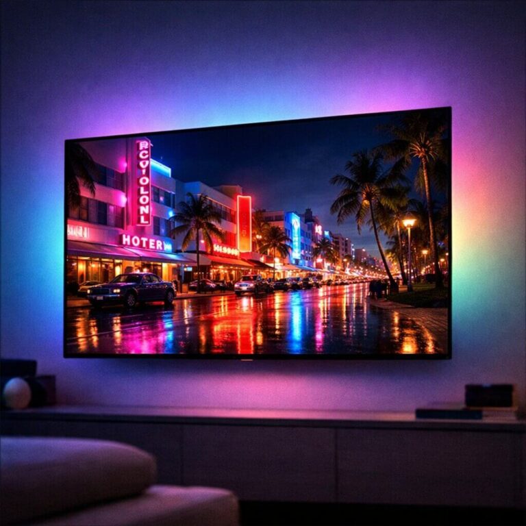 The best TV GTA 6 setup displaying a neon-lit Vice City street