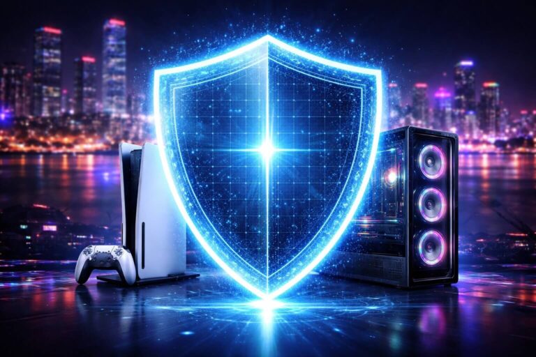 A glowing digital shield representing the ultimate GTA 6 VPN protection for online gamers
