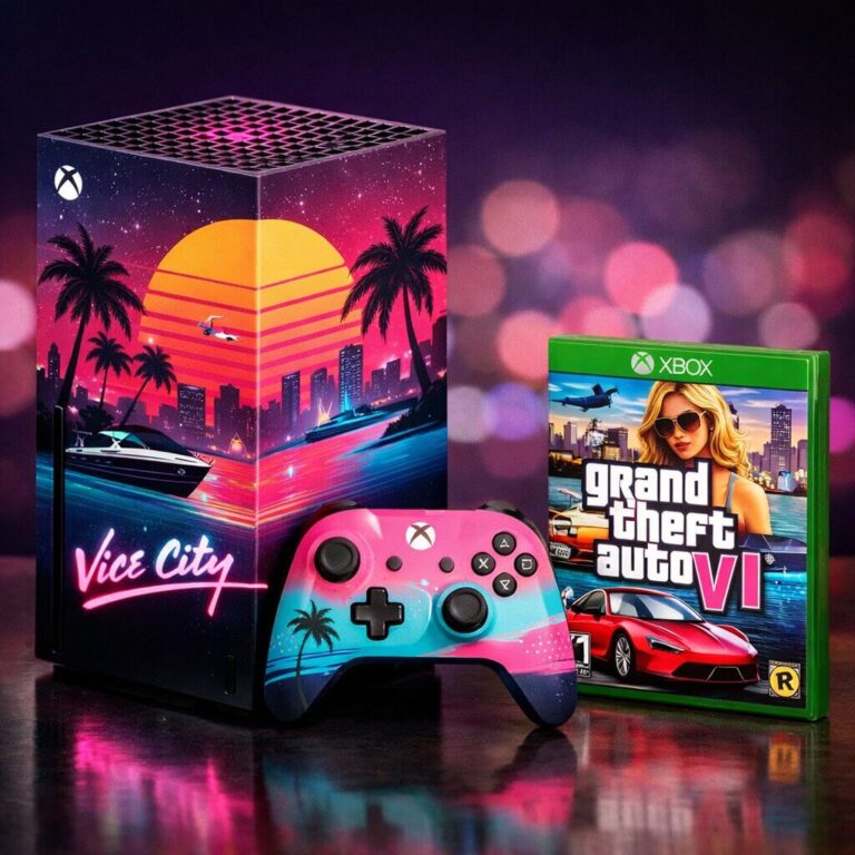 A conceptual design of the highly anticipated GTA 6 Xbox bundle featuring a custom Series X console