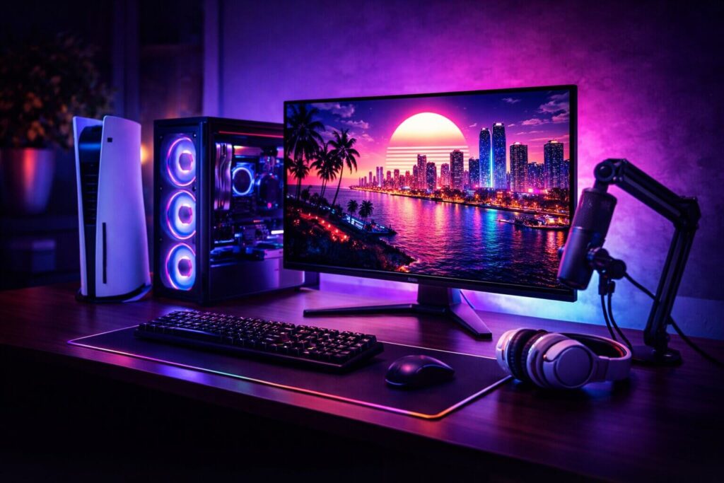 A next-generation console and PC setup utilizing a 4K OLED gaming monitor