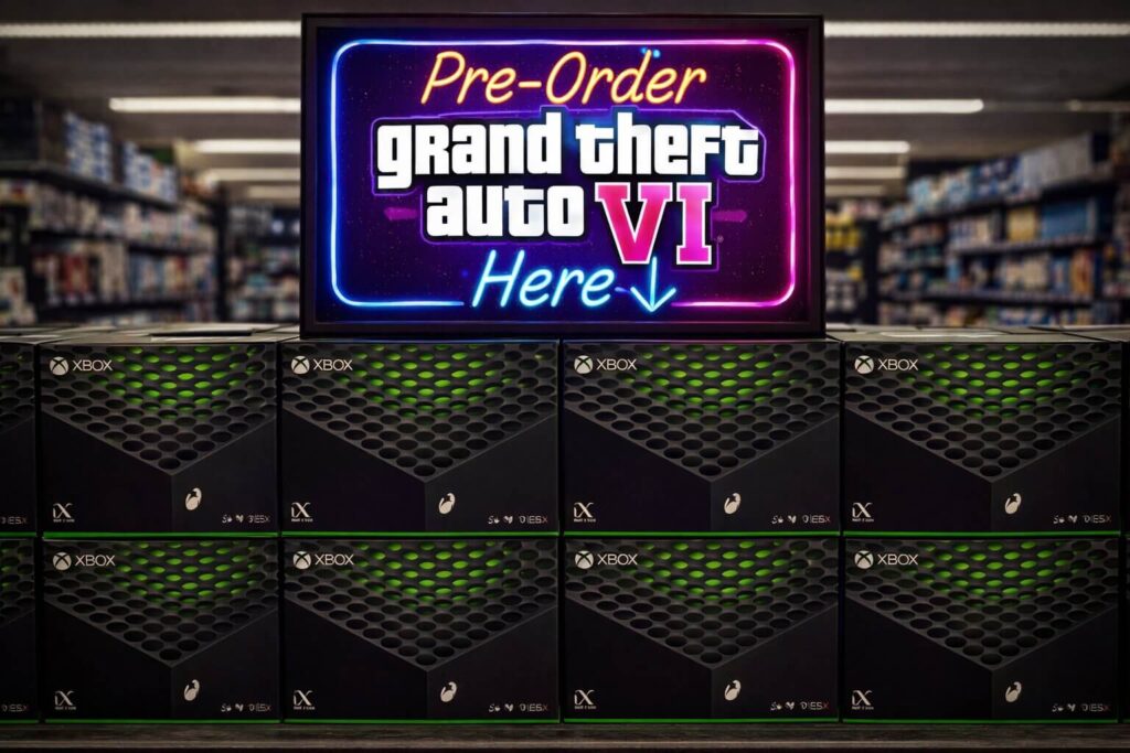 Retail store shelves stocking the standard Xbox Series X for the upcoming GTA 6 release
