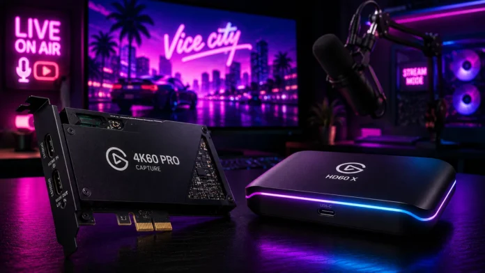 Best capture card for GTA 6 streaming featuring Elgato and AVerMedia hardware on a desk