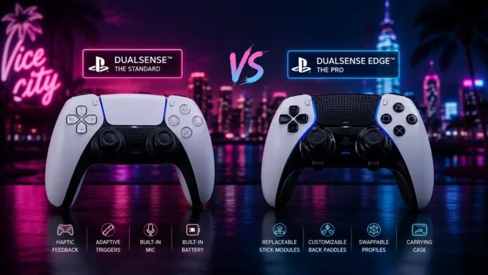 Best PS5 controller for GTA 6 comparison featuring the standard DualSense and the DualSense Edge