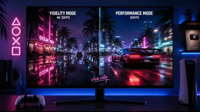 GTA 6 PS5 frame rate analysis comparing 30 FPS fidelity mode and 60 FPS performance mode