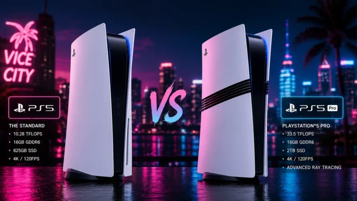 GTA 6 PS5 vs PS5 Pro console comparison showing the difference in hardware design and performance capabilities