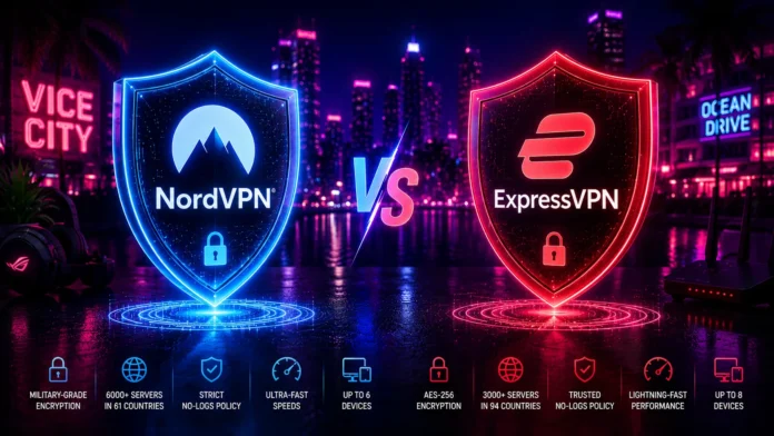 Best VPN for GTA 6 online featuring a speed and ping comparison between NordVPN and ExpressVPN