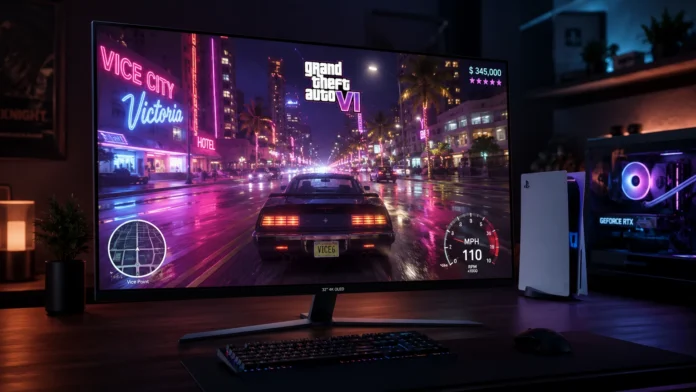 A premium 4K OLED gaming monitor displaying GTA 6 sitting on a desk next to a PS5 and PC