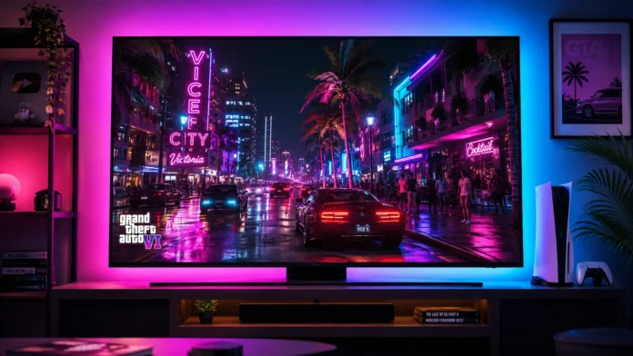 Best TV for GTA 6 PS5 comparison showing a high-end 4K OLED display with neon gaming visuals