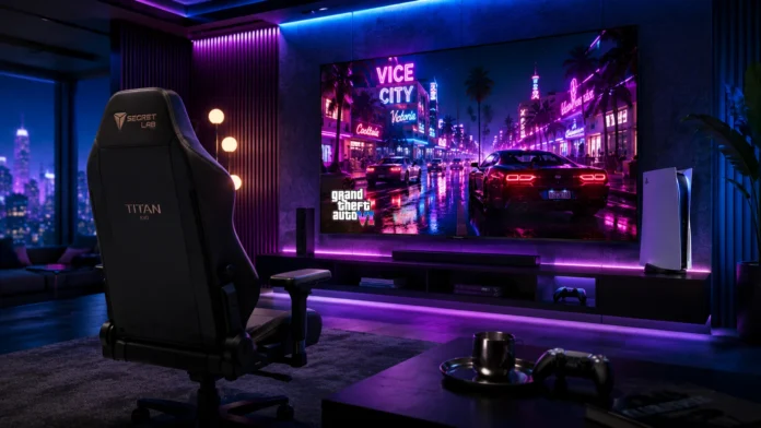 Best gaming chair for PS5 GTA 6 setups showcasing a Secretlab Titan Evo in a high-end setup