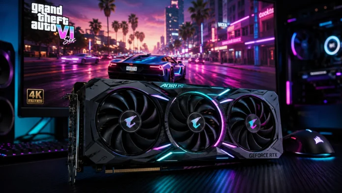 A high-end desktop graphics card resting on a gaming desk with GTA 6 running on a monitor in the background