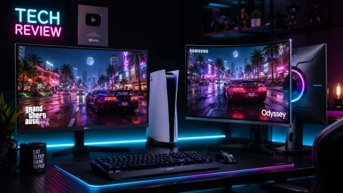 Best monitor for PS5 GTA 6 setups showing a 4K flat panel and 1440p curved monitor side by side