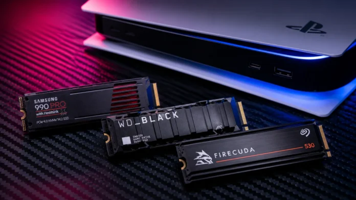 Best NVMe SSD for PS5 GTA 6 comparison displaying Samsung, WD_BLACK, and Seagate drives with heatsinks