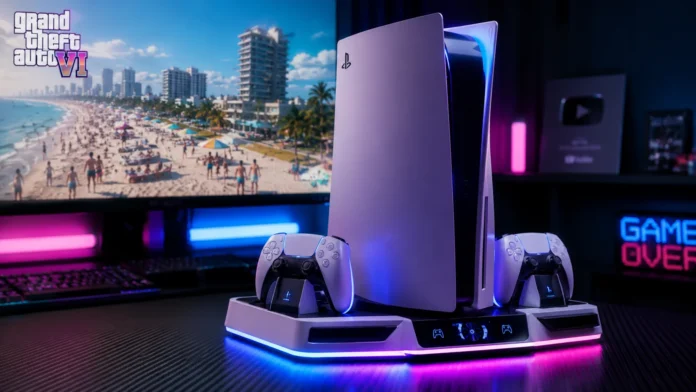 A PlayStation 5 console sitting vertically on a glowing cooling stand with charging controllers