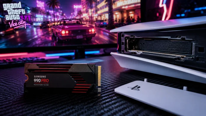 A premium NVMe SSD with a heatsink sitting next to an opened PlayStation 5 console ready for a storage upgrade