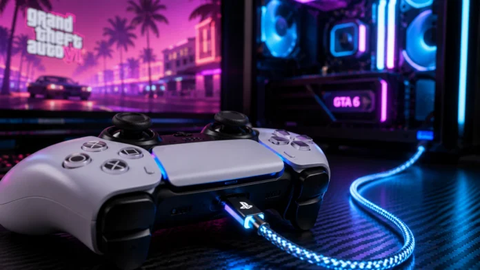 A white PS5 DualSense controller connected to a custom PC via USB-C cable for GTA 6 gameplay