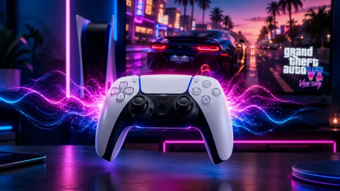 PlayStation 5 DualSense controller with neon lighting lines showcasing haptic feedback features for GTA 6