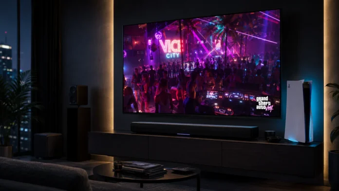 A high-end soundbar and PlayStation 5 console set up in a modern living room for GTA 6