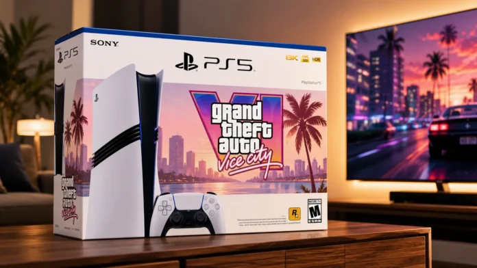 Official retail packaging for the GTA 6 PS5 bundle featuring the console, controller, and game voucher