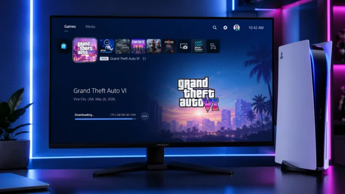 PlayStation 5 dashboard displaying the massive download size and install progress for GTA 6