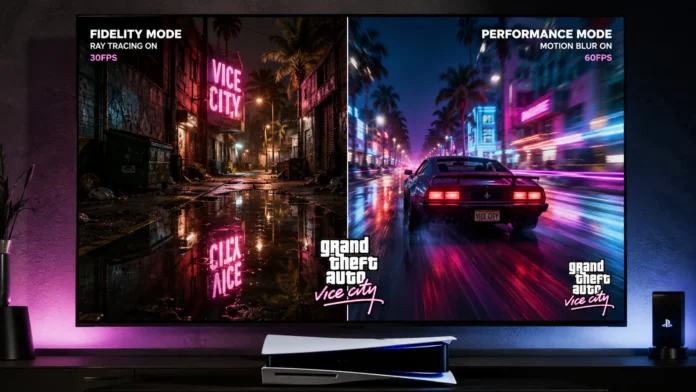 A visual comparison of the GTA 6 PS5 graphics settings showing Fidelity Mode versus Performance Mode