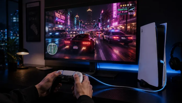 A gamer holding a wired PS5 DualSense controller to reduce input lag while playing GTA 6