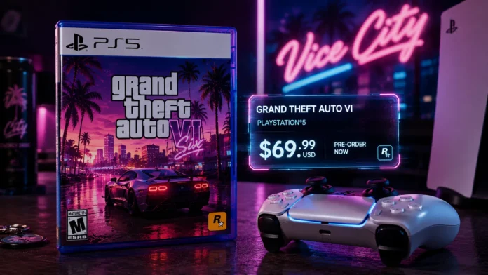 A physical PS5 game case for Grand Theft Auto 6 sitting on a desk with a price tag