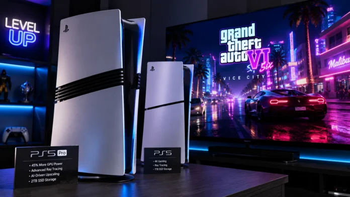 A PlayStation 5 Pro console sitting in front of a TV displaying next-generation graphics for GTA 6