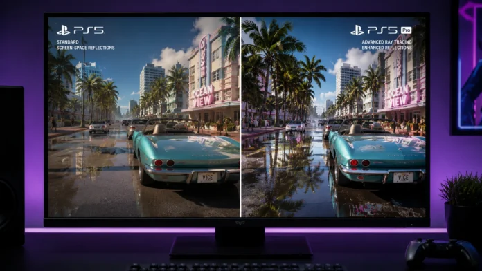 GTA 6 PS5 Pro graphics comparison detailing ray tracing and PSSR AI upscaling technology