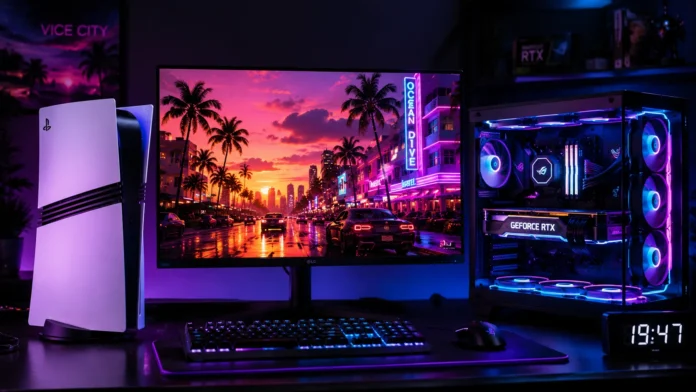 A side-by-side hardware comparison of a PlayStation 5 Pro and a high-end gaming PC for GTA 6