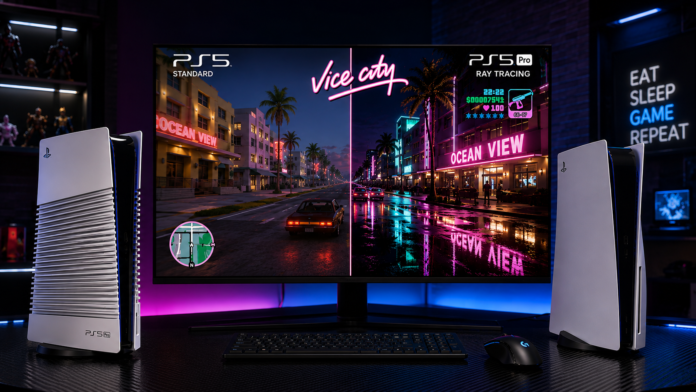 A visual comparison of GTA 6 graphics on a standard PlayStation 5 versus the PlayStation 5 Pro
