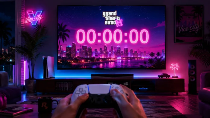 A midnight launch countdown for GTA 6 displaying on a TV screen above a PlayStation 5 console