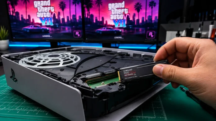 Upgrading a PS5 storage space slot with an M.2 NVMe SSD for GTA 6 download preparation